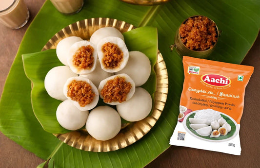 Aachi Kozhukattai Mix pack placed beside a traditional plate of sweet stuffed kozhukattai served on banana leaves.
