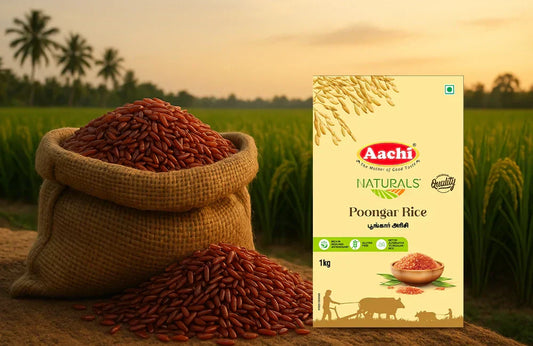 Poongar Rice displayed with a sack of red grains in a lush paddy field during sunset, highlighting its natural and traditional origin.