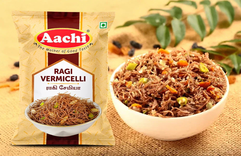 Aachi Ragi Vermicelli pack with a bowl of cooked ragi vermicelli garnished with veggies.