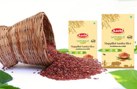 Traditional Mappillai Samba Rice, used as a natural source of antioxidants and minerals in healthy cooking.