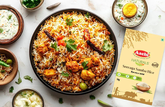 Seeraga Samba Rice known for its small grain and rich aroma, used in traditional biryani for authentic flavor.