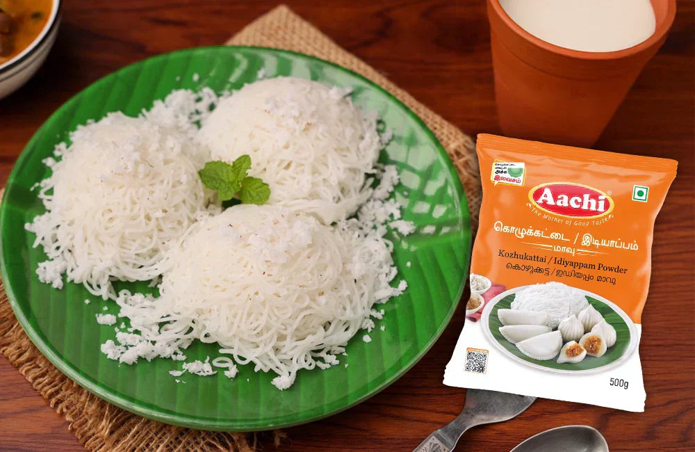 Idiyappam Flour with soft steamed idiyappam garnished with fresh mint leaves.