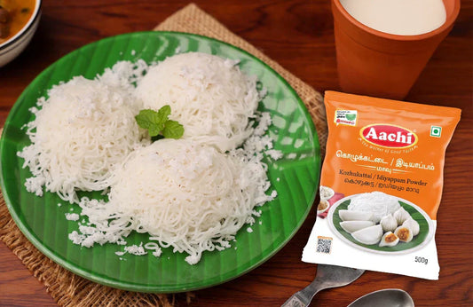 Idiyappam Flour with soft steamed idiyappam garnished with fresh mint leaves.