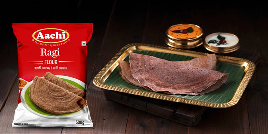 Ragi flour made from finger millet, used for its high calcium and fiber content in healthy South Indian recipes.