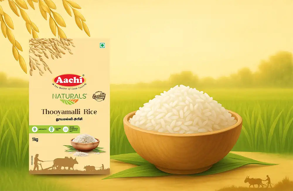 Thooyamalli Rice, a traditional white rice variety known for its natural aroma and softness, used in everyday meals.