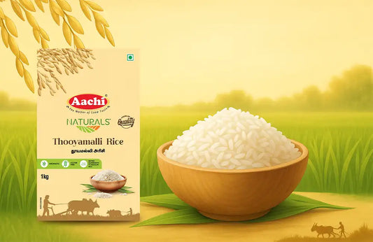 Thooyamalli Rice, a traditional white rice variety known for its natural aroma and softness, used in everyday meals.